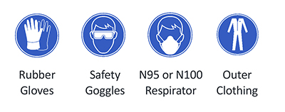 Rubber gloves, safety goggles, N95 or N110 respirator, outer clothing